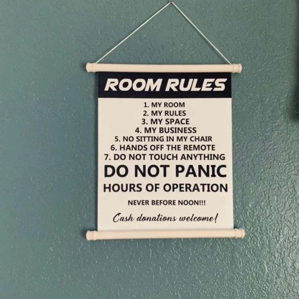 Room Rules Scroll Hanging Sign for Door, Room, Garage, Man Cave, Etc.